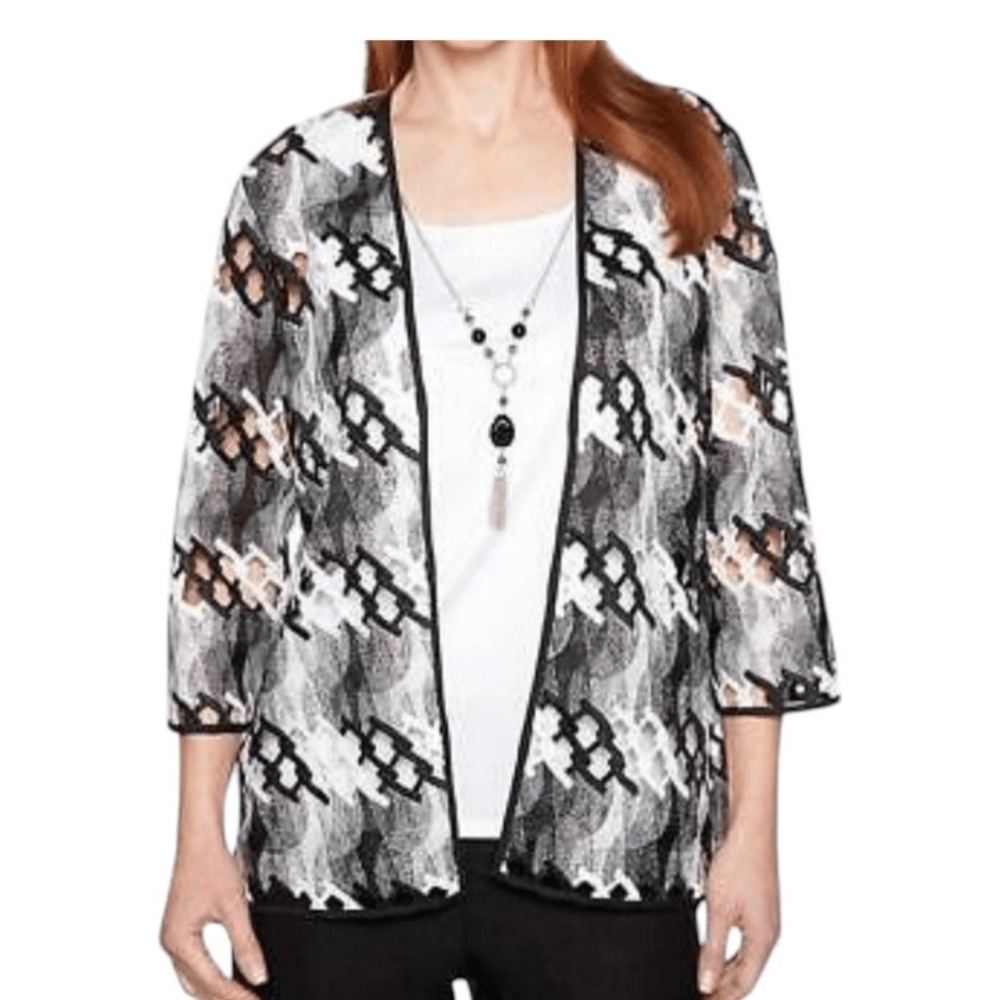 Alfred Dunner,Blazer, 3/4 Sleeve Textured Open Front Black/white, XL,*Host Pick*